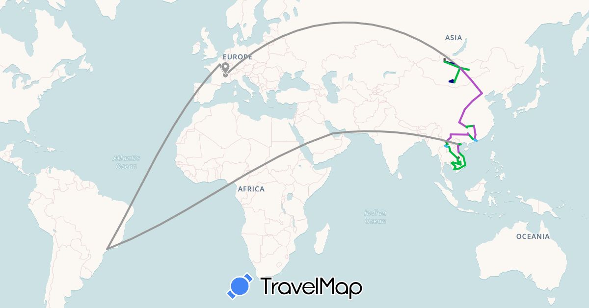TravelMap itinerary: driving, bus, plane, train, boat, motorbike in Brazil, China, France, Hong Kong, Cambodia, Laos, Mongolia, Qatar, Vietnam (Asia, Europe, South America)